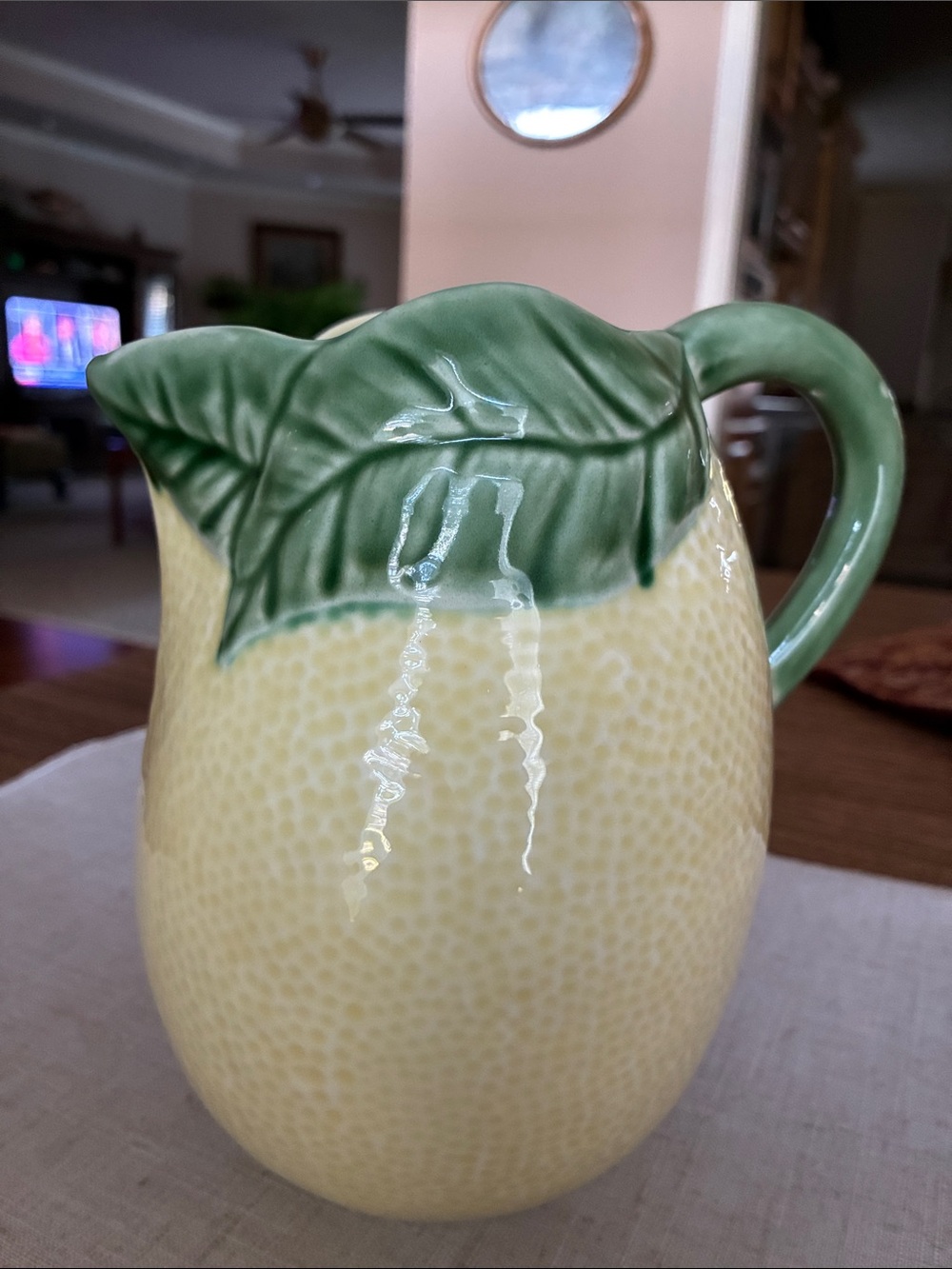 Vintage Bordallo Pinherio Yellow Pitcher 7” Mojolica Fruit Jug PORTUGAL Like New